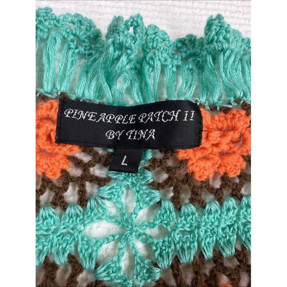 Pineapple Patch II by Tina Crochet Duster Cardigan Juniors  Teal Orange‎ Brown L